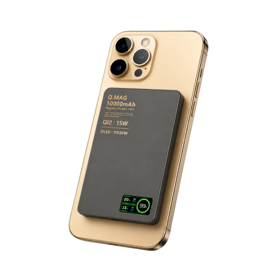 Gold smartphone with a black battery pack attached on a light gray background