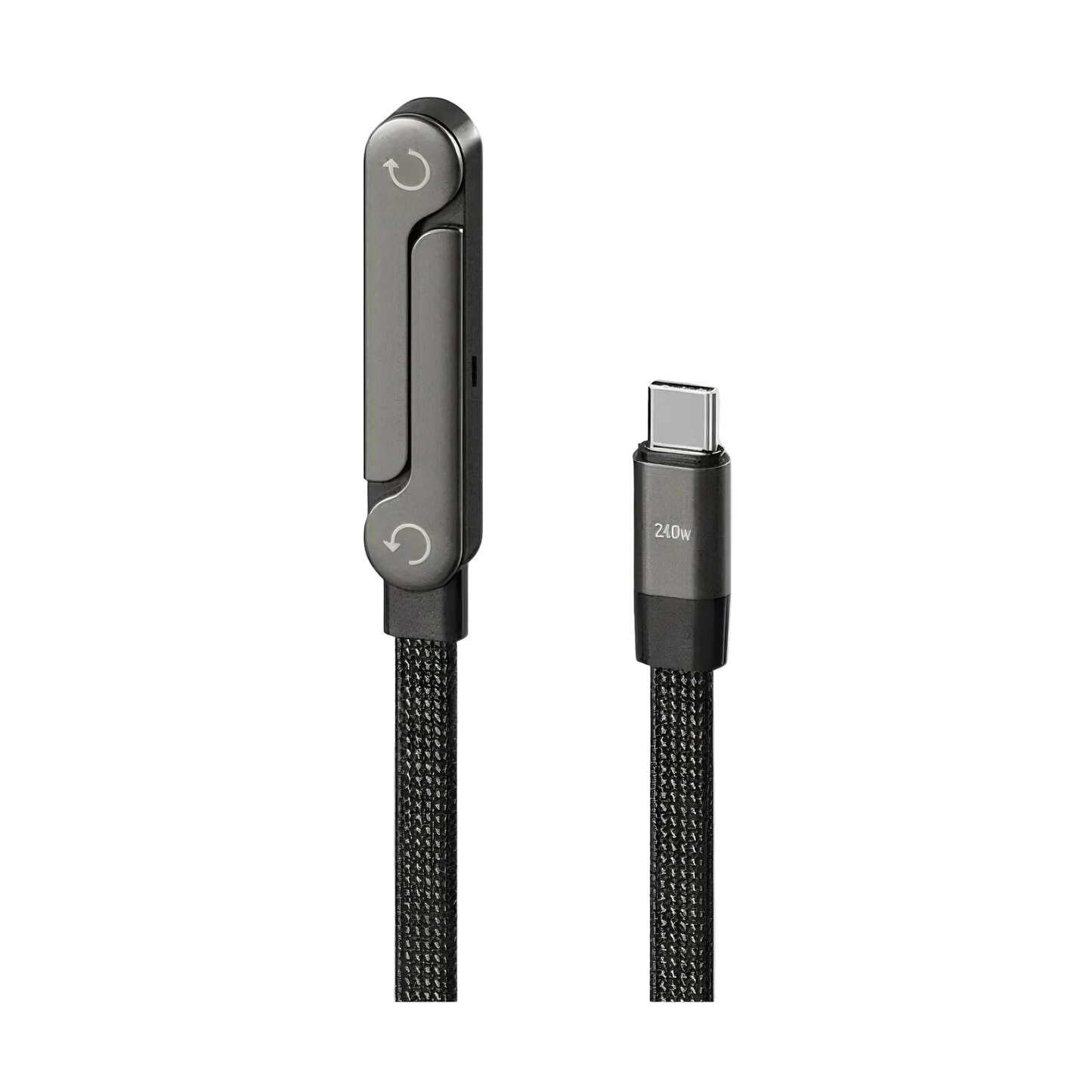 Black charging cable with metallic connector on a light gray background