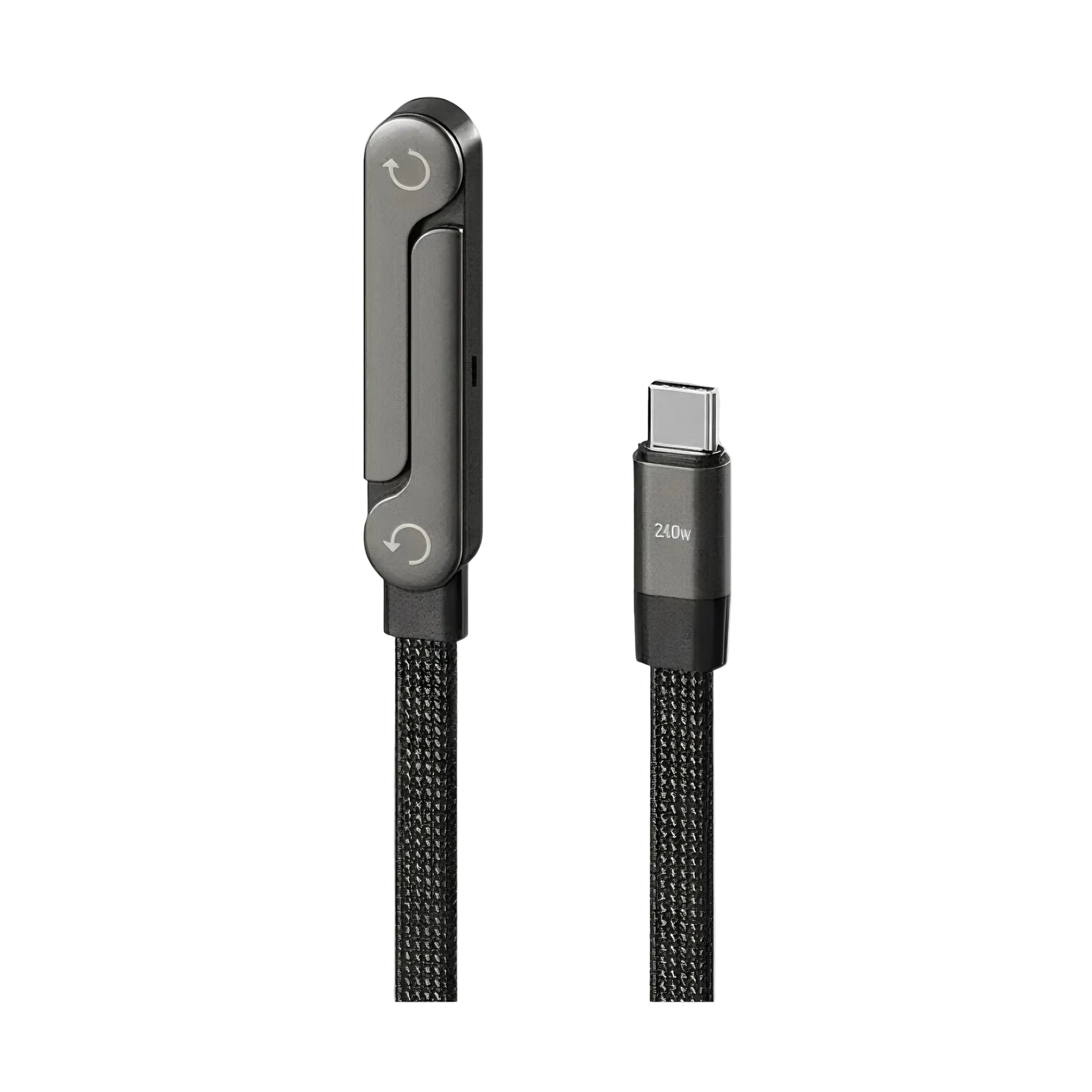 Black charging cable with metallic connector on a light gray background
