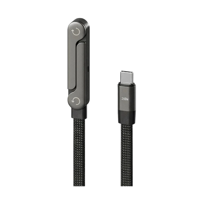 Black charging cable with metallic connector on a light gray background