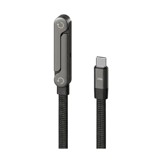Black charging cable with metallic connector on a light gray background