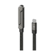 Black charging cable with metallic connector on a light gray background
