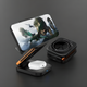 Multi-device charging stand with smartphone, tablet, and wireless earbuds on a dark background