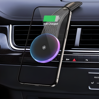 Wireless phone charger in a car dashboard with charging indicator