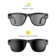 Sunglasses shown under two lighting conditions: medium light and outdoor bright sunlight.