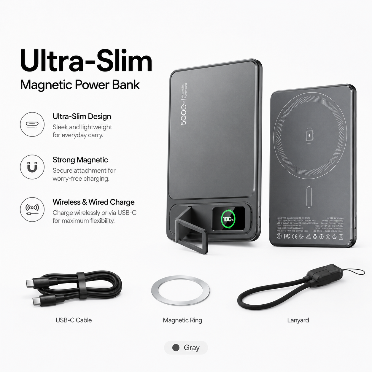 Ultra-slim magnetic power bank with accessories on a white background
