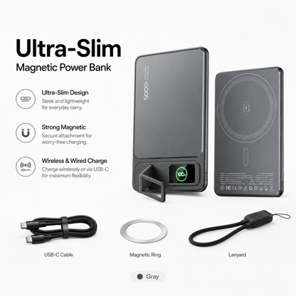 Ultra-slim magnetic power bank with accessories on a white background