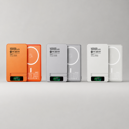Four portable power banks with different color options on a gray background