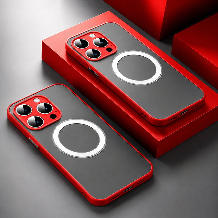 Two red and black phone cases with magnetic ring stands on a gray surface.