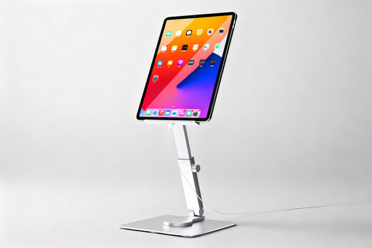 Tablet on a stand with a colorful display against a white background