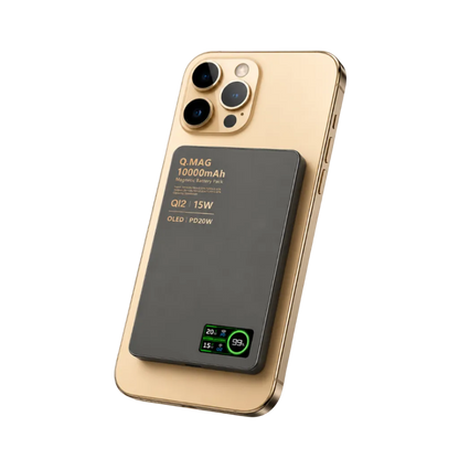 Gold smartphone with a black battery pack attached on a light gray background