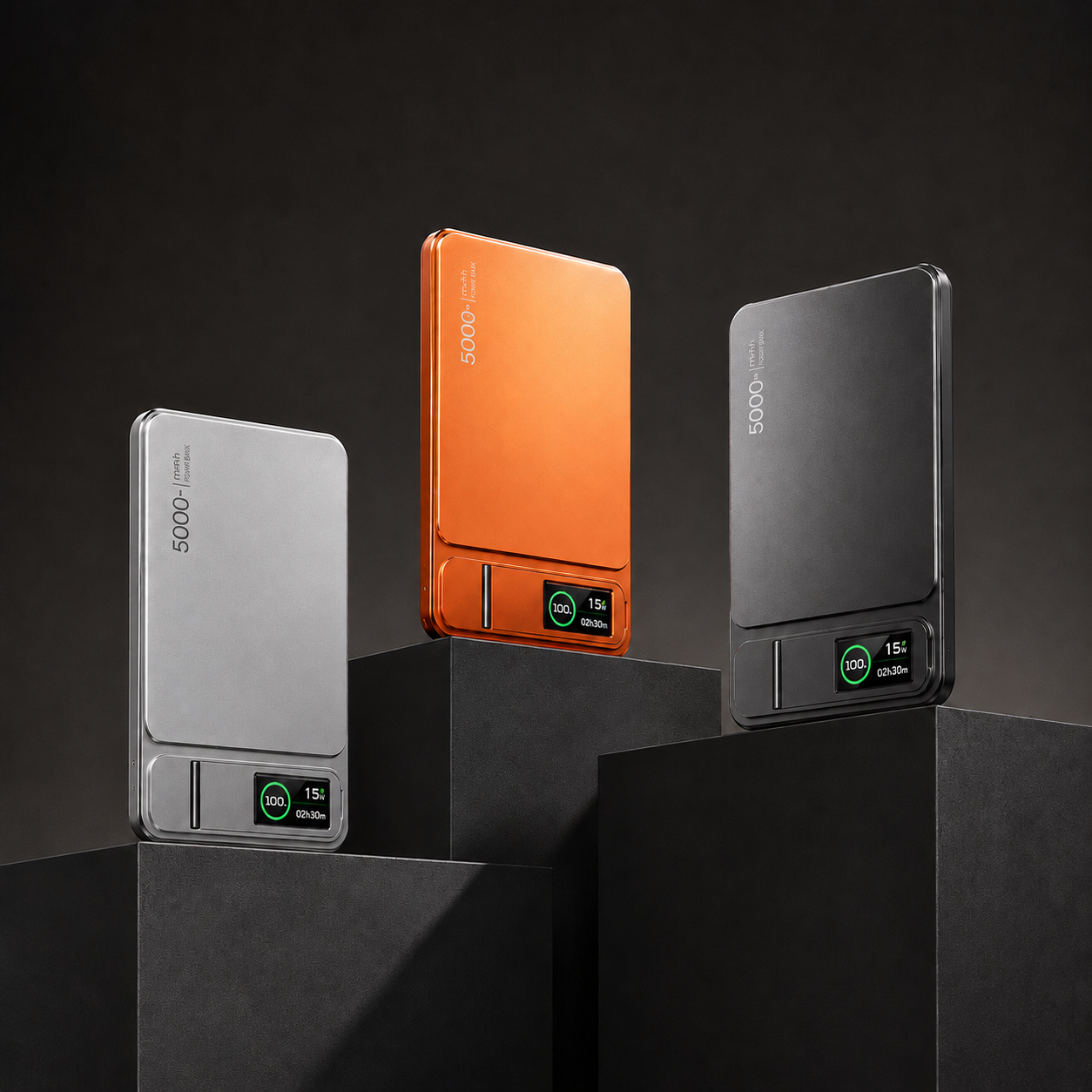 Three portable power banks in silver, orange, and black on a dark background