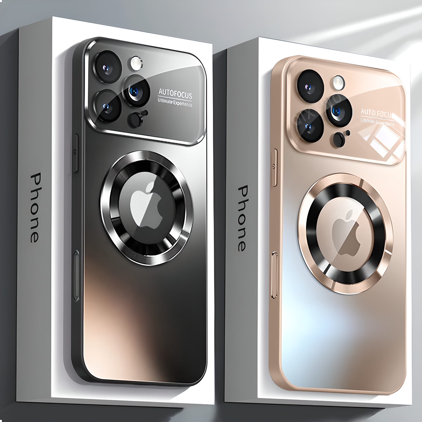 Two smartphone cases, one silver and one rose gold, displayed against a gray background.