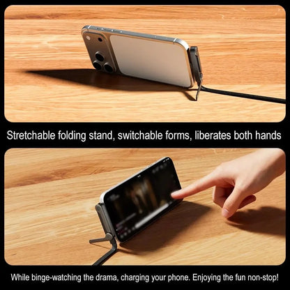 Stretchable folding stand for phone on wooden surface with text highlighting its features.