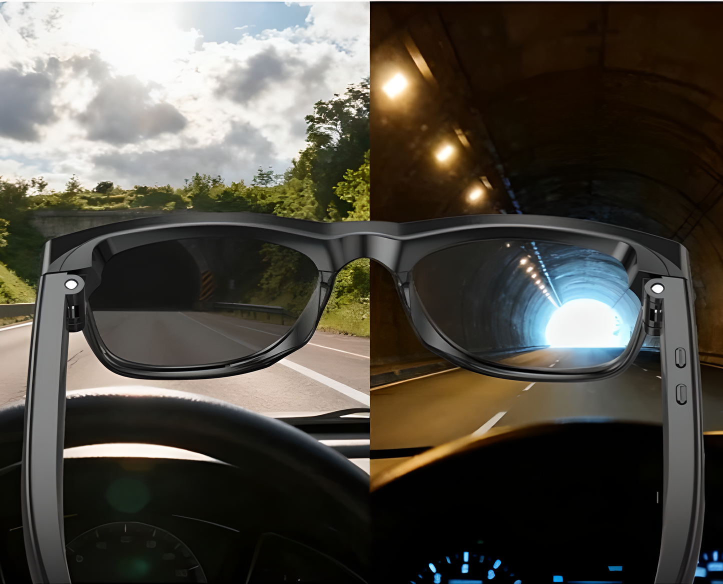 Sunglasses shown with a road and tunnel view through the lenses.