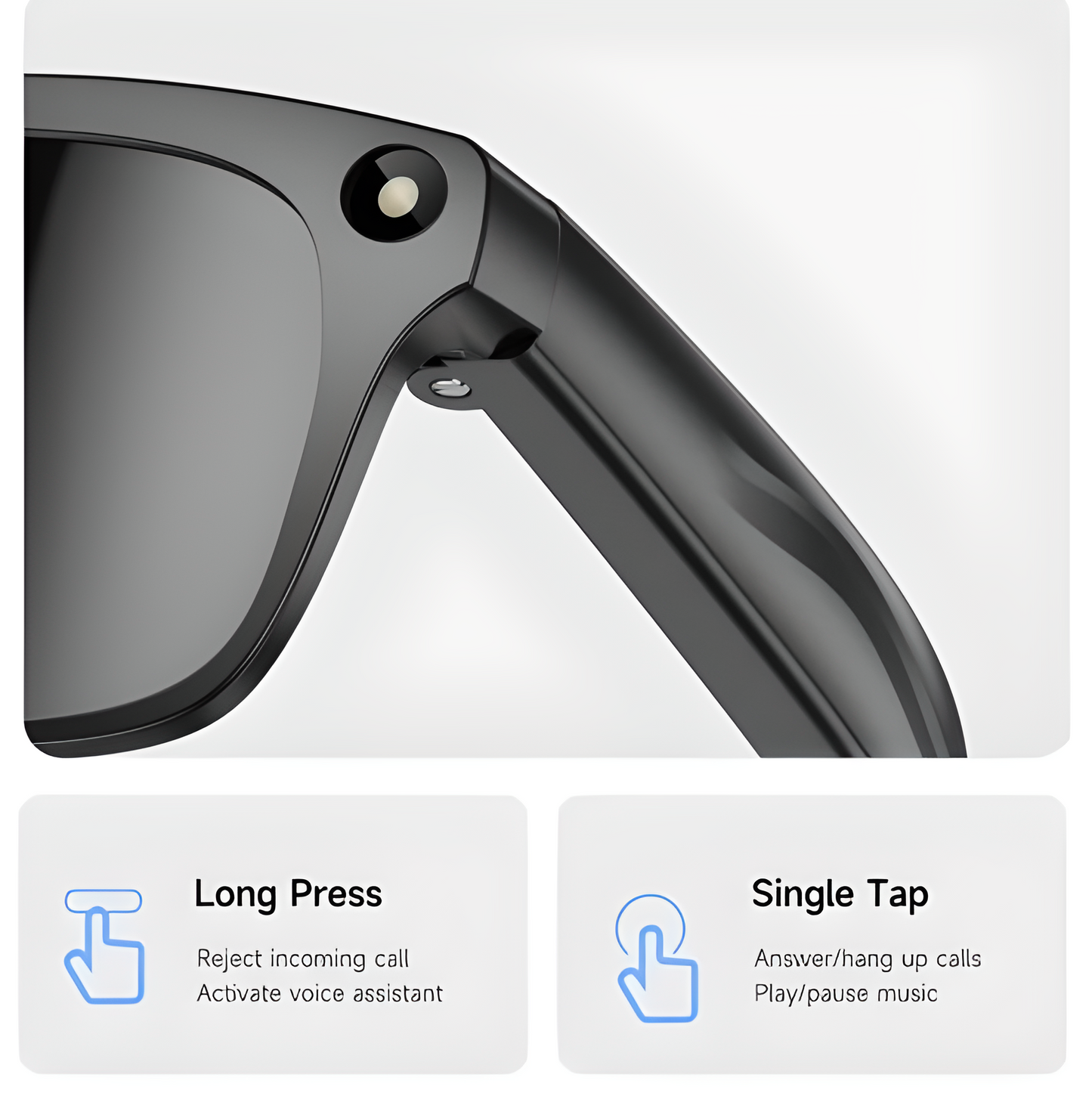Sunglasses with control buttons on a white background