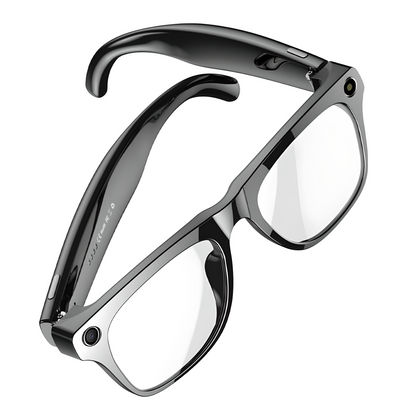 Black eyeglasses with clear lenses on a white background
