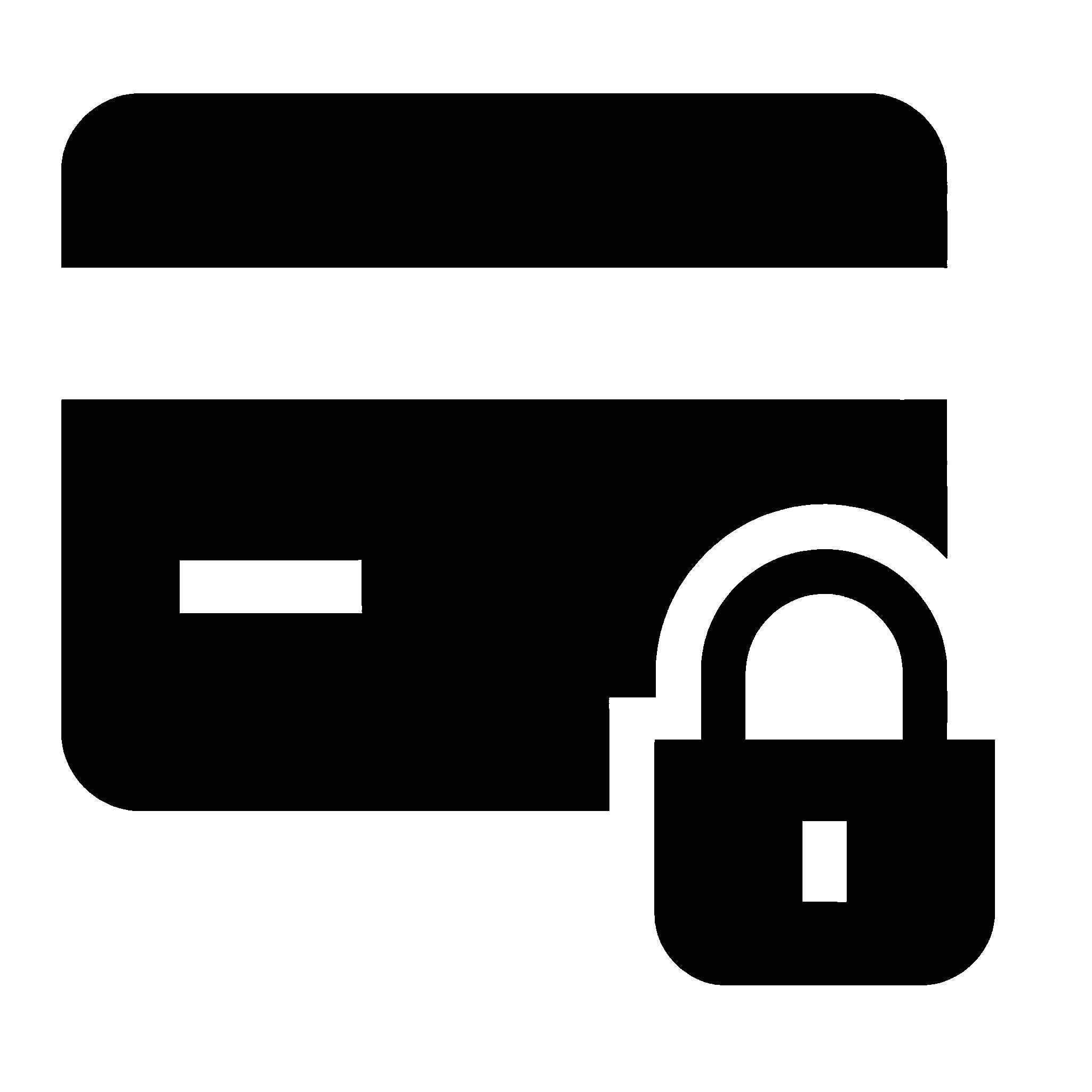 Black icon of a credit card with a padlock on a white background