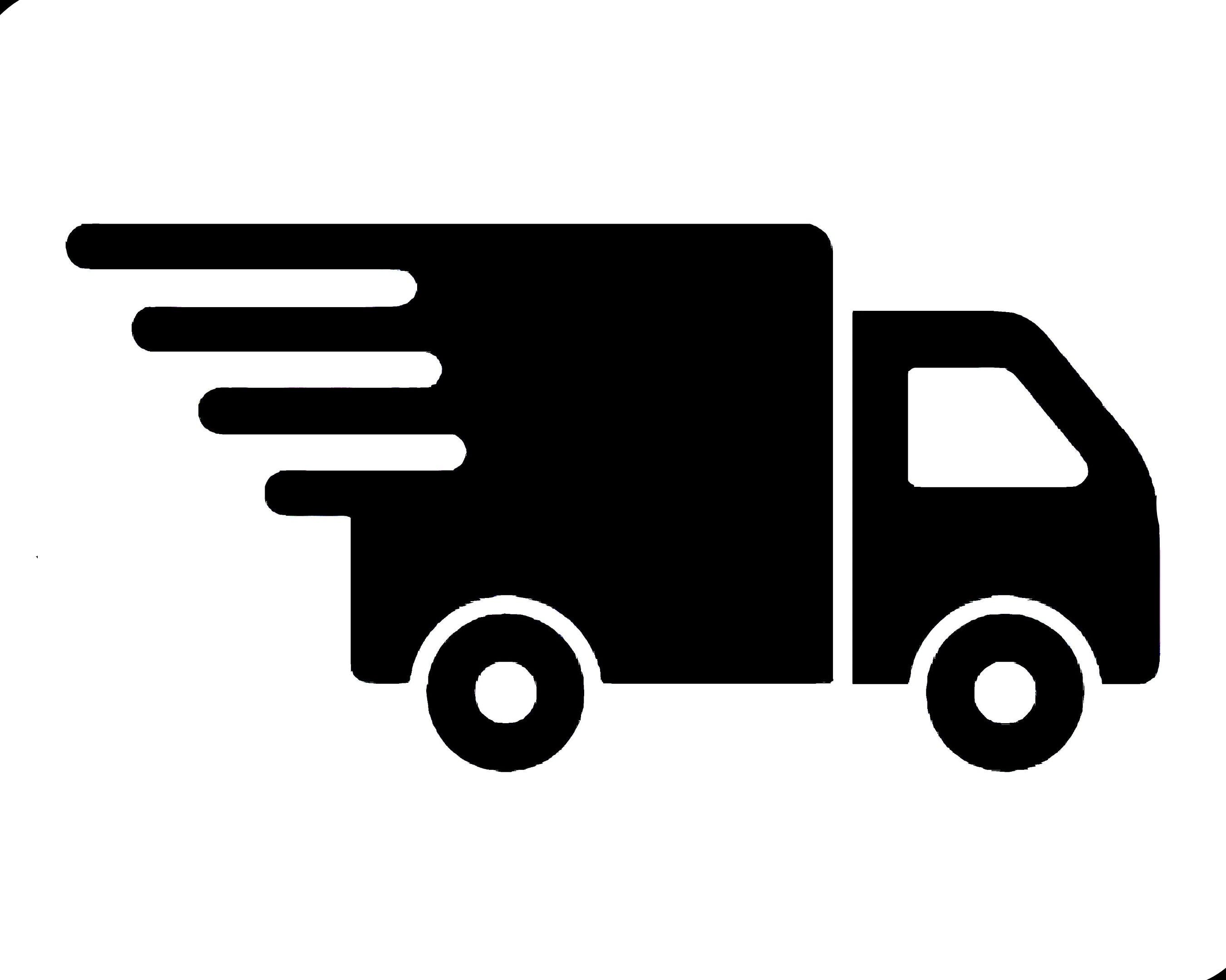 Black silhouette of a delivery truck with speed lines on a white background