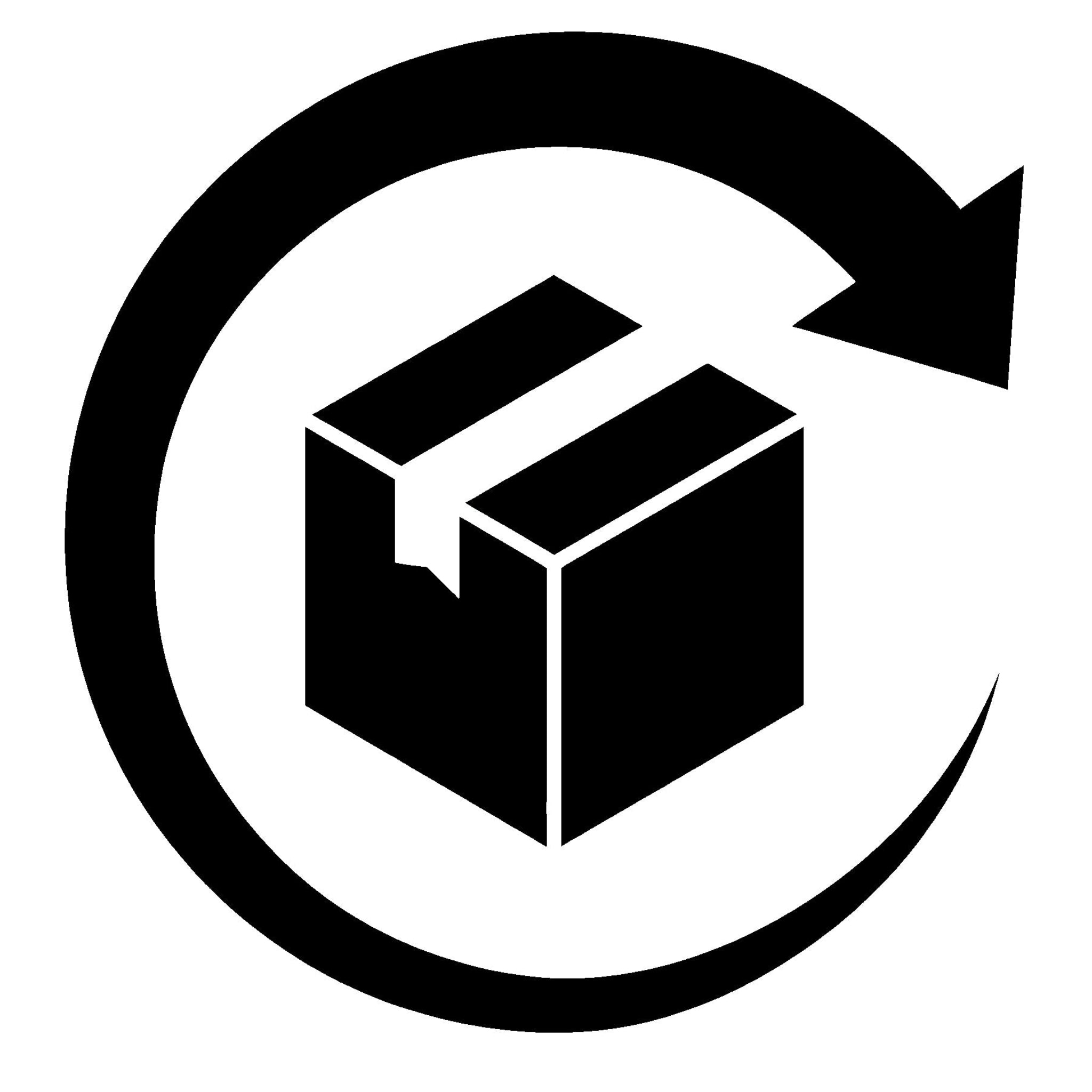Black icon of a box with an arrow encircling it on a white background