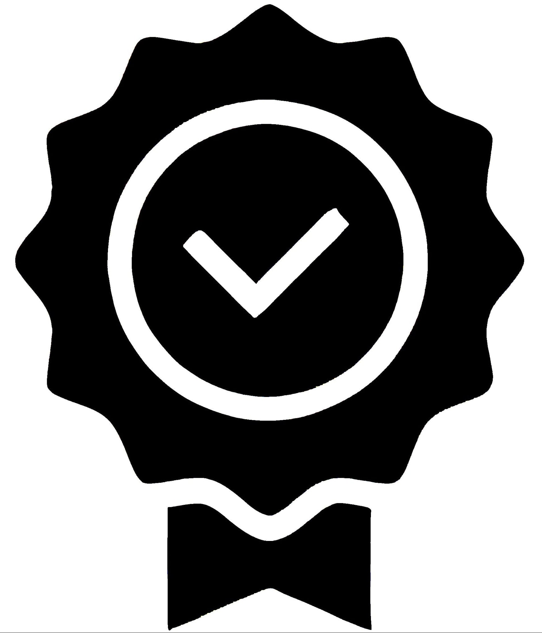 Black and white icon of a check mark inside a decorative border on a white background