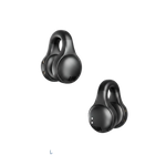 Black wireless earbuds with charging case on a white background