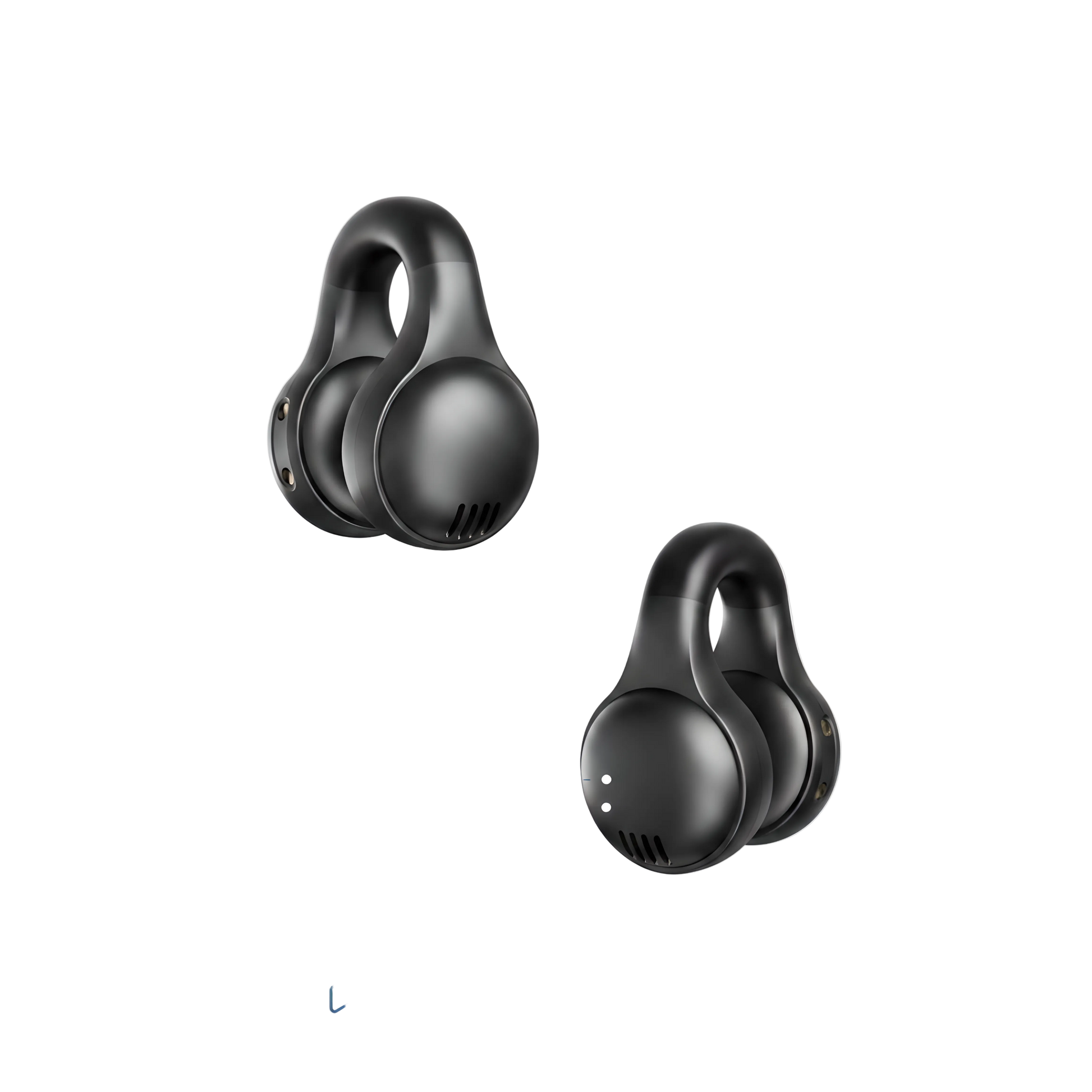 Black wireless earbuds with charging case on a white background