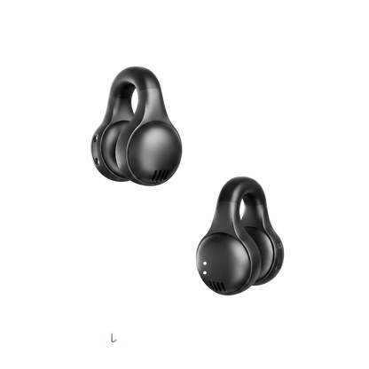 Black wireless earbuds with charging case on a white background