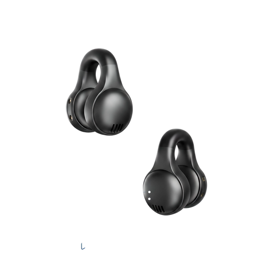 Black wireless earbuds with charging case on a white background