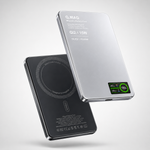 Two wireless charging devices, one black and one silver, on a light gray background.