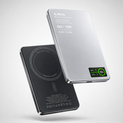 Two wireless charging devices, one black and one silver, on a light gray background.